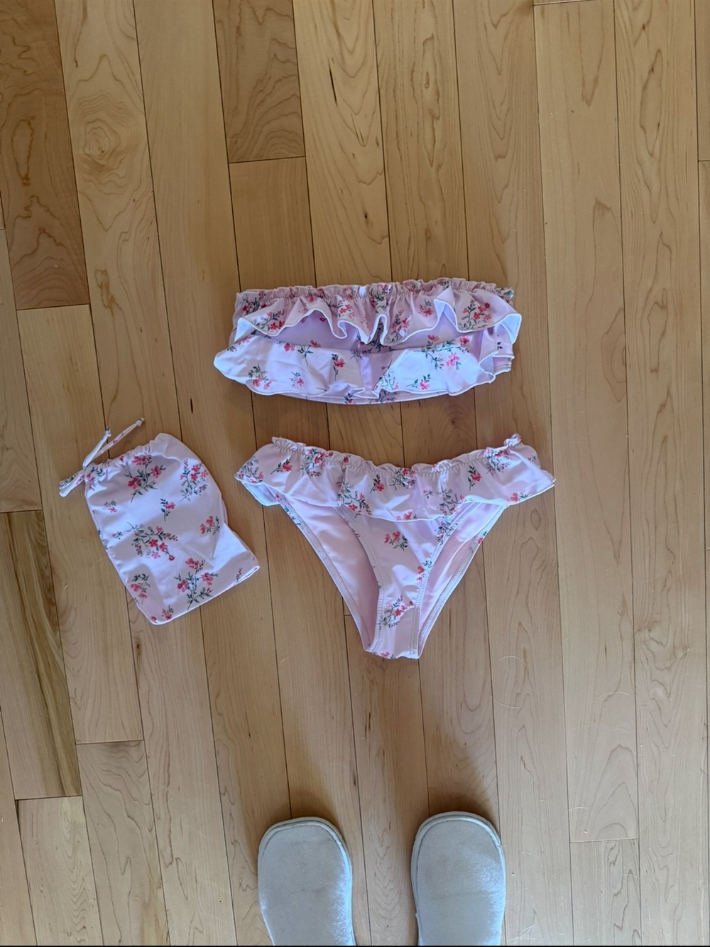 Pink Floral Ruffle Bikini Set with Drawstring Bag - Picture 3 of 3